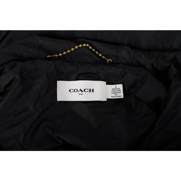 COACH Womens Down Puffer Jacket Coat Black Sz 2 Hooded Lamb Shearling trim NEW - Picture 6 of 6